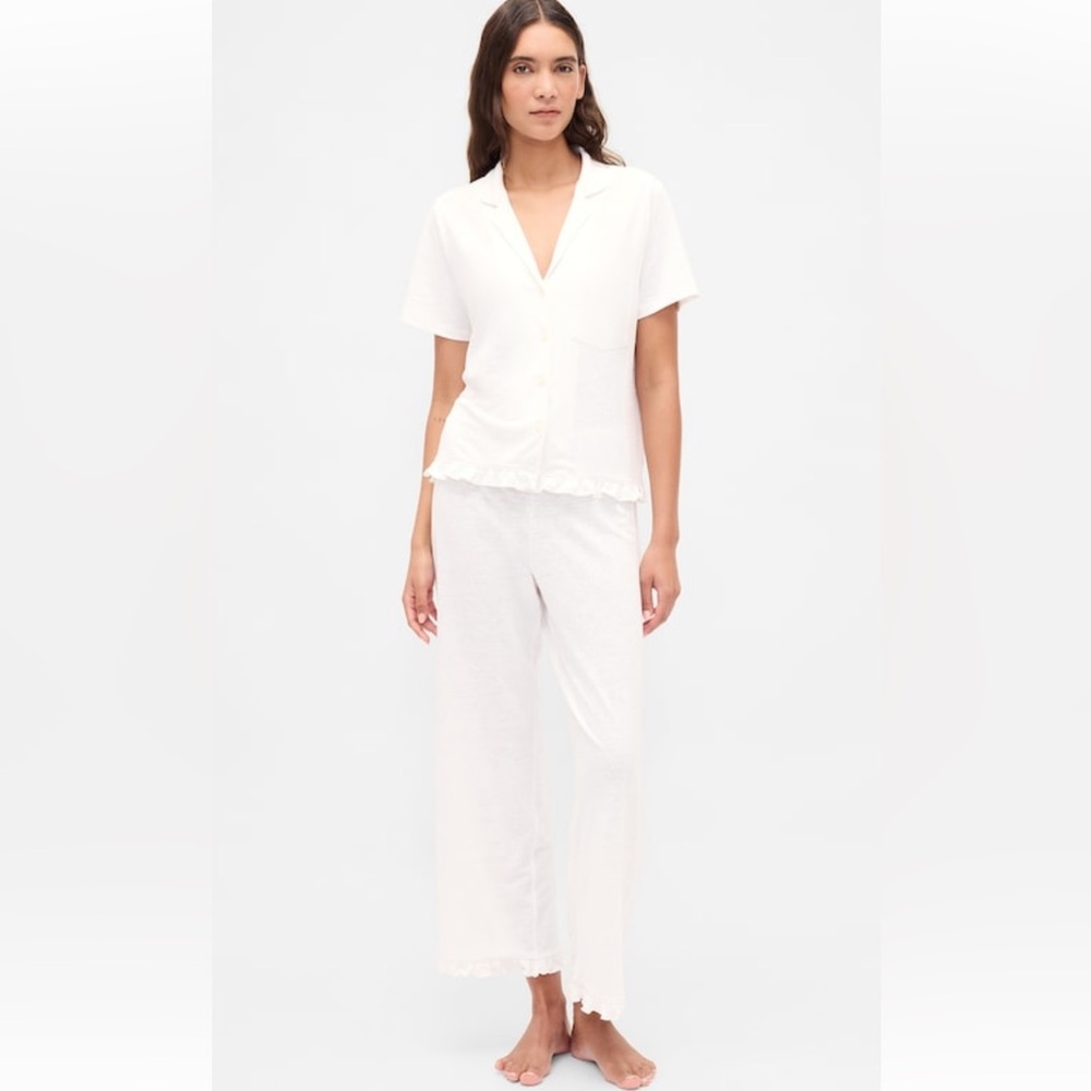 Linen Blend Ruffle Short Sleeve Pajama Set